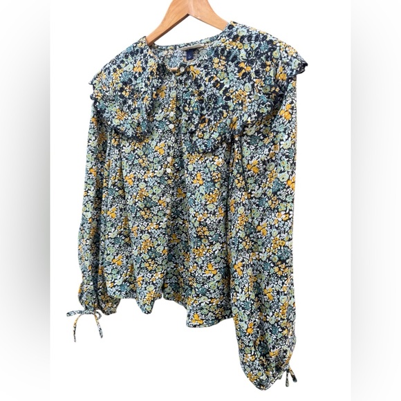 Universal thread Floral Peasant Women's Top Large Blue & Yellow - Picture 2 of 6